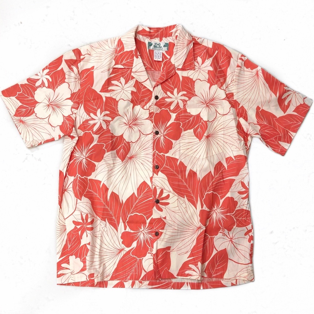 Two Palms Lanai Coral Hawaiian Shirt Red White Floral Design Men’s Size Large